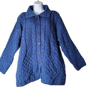 Aran Sweater Market XXL Blue Merino Wool Cable Knit Cardigan Ireland Fisherman